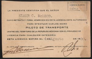 Pilot License, Mexico, Valid Through August 4, 1930